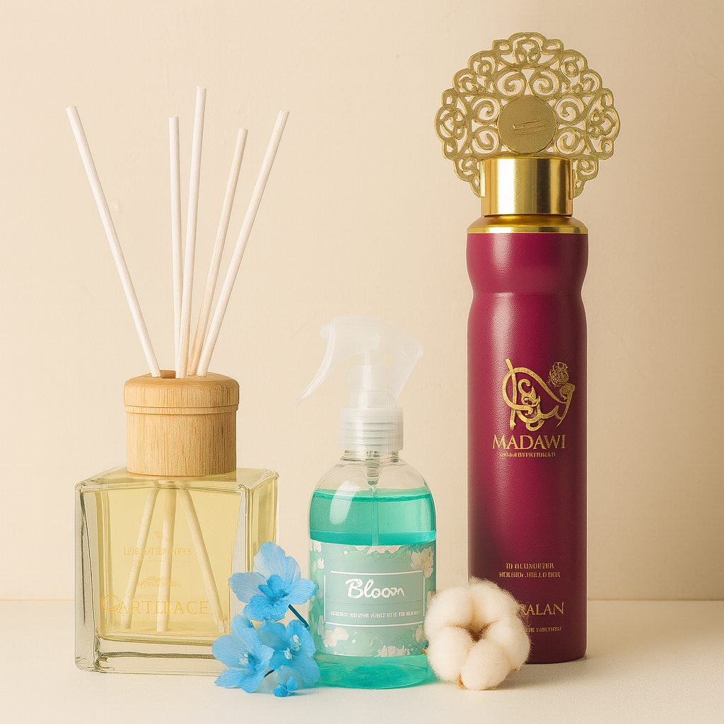 "Différents formats de parfums d’intérieur élégants : diffuseur en bâtonnets, spray textile et parfum d’ambiance, pour créer une maison parfumée et raffinée."