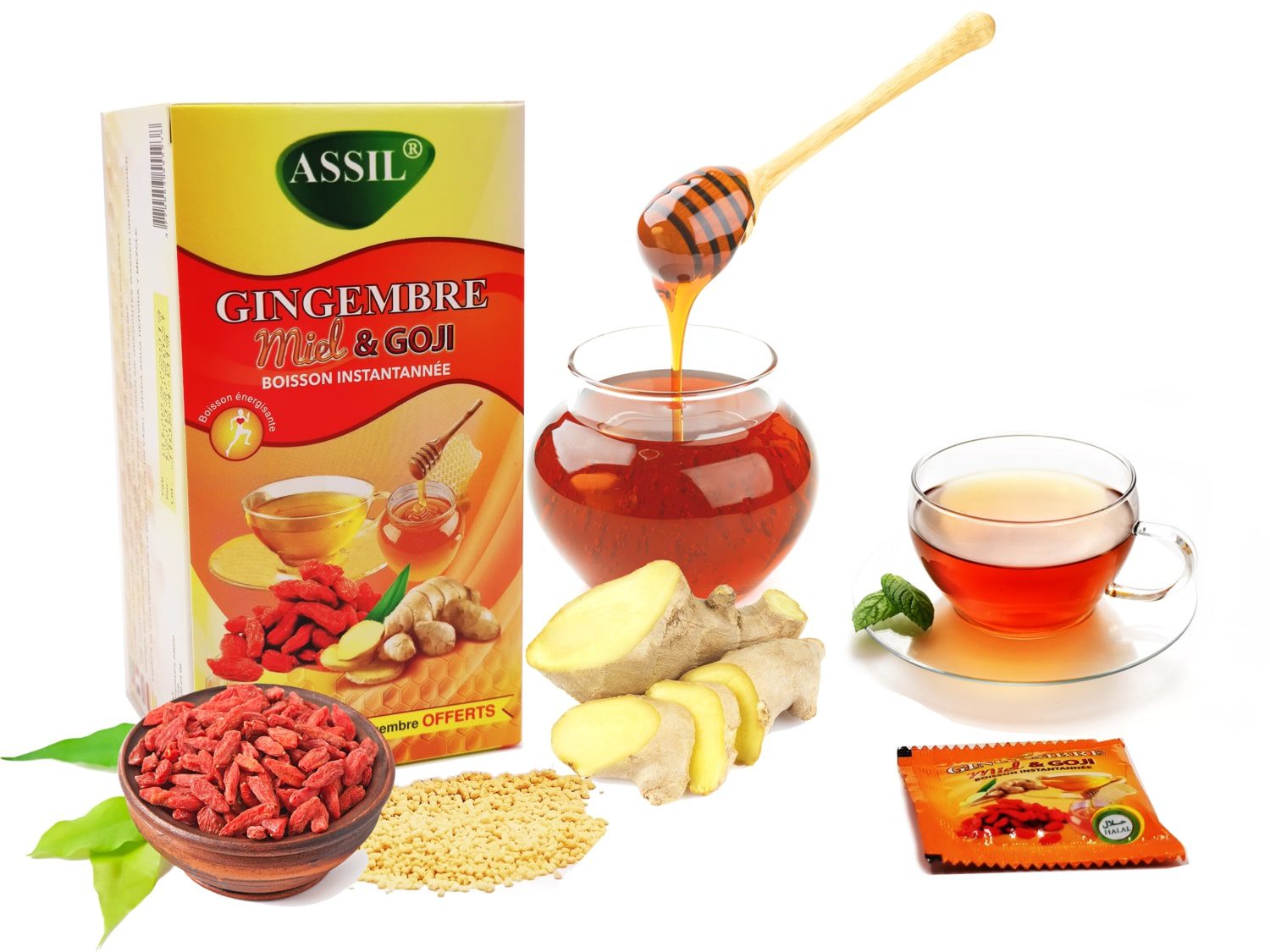 Tisane/boisson instantanée au Gingembre, Miel et Goji – produit proposé sur Souk Dubaï