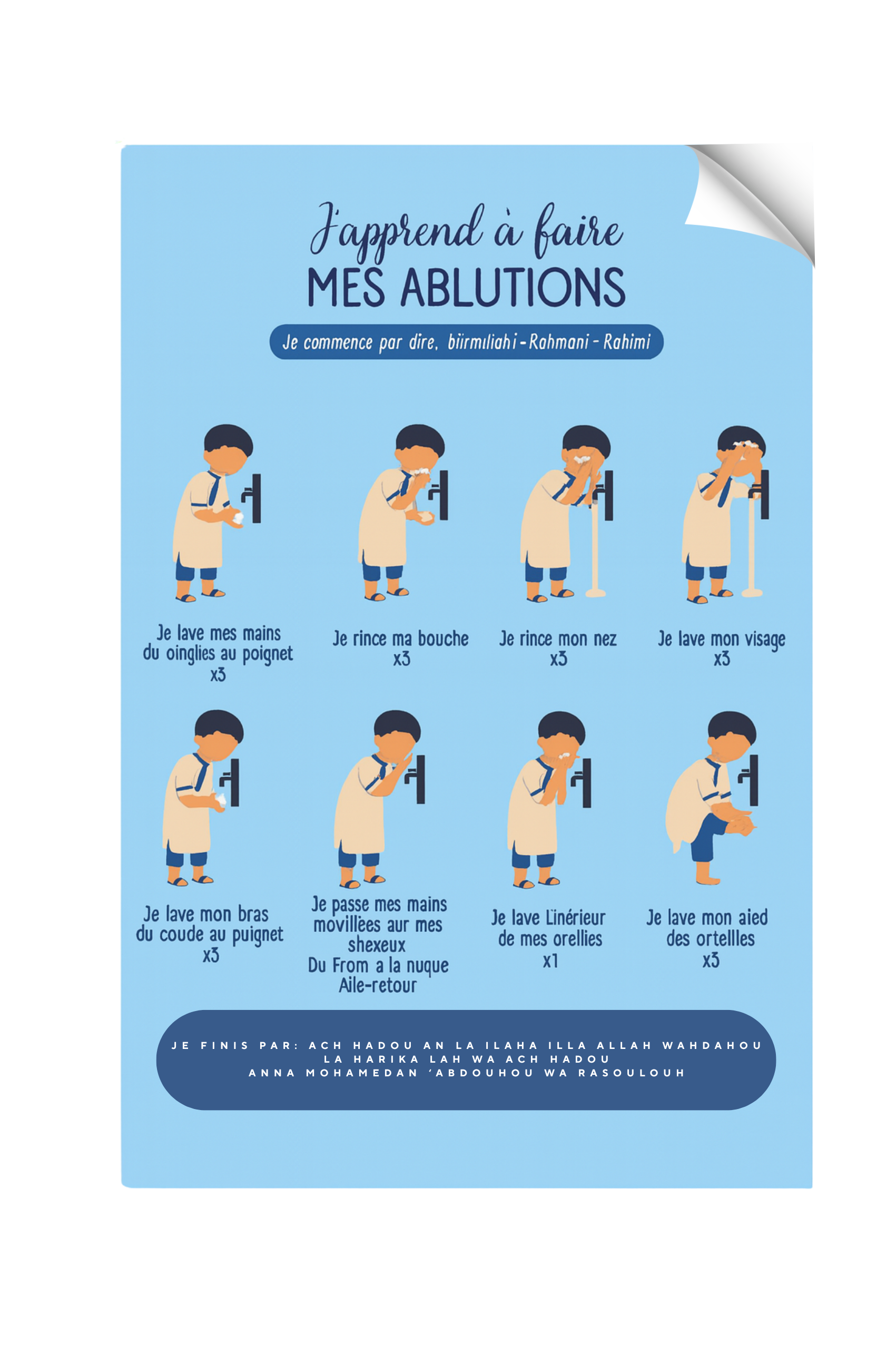 Grand stickers "J'apprends à faire mes ablutions" bleu
