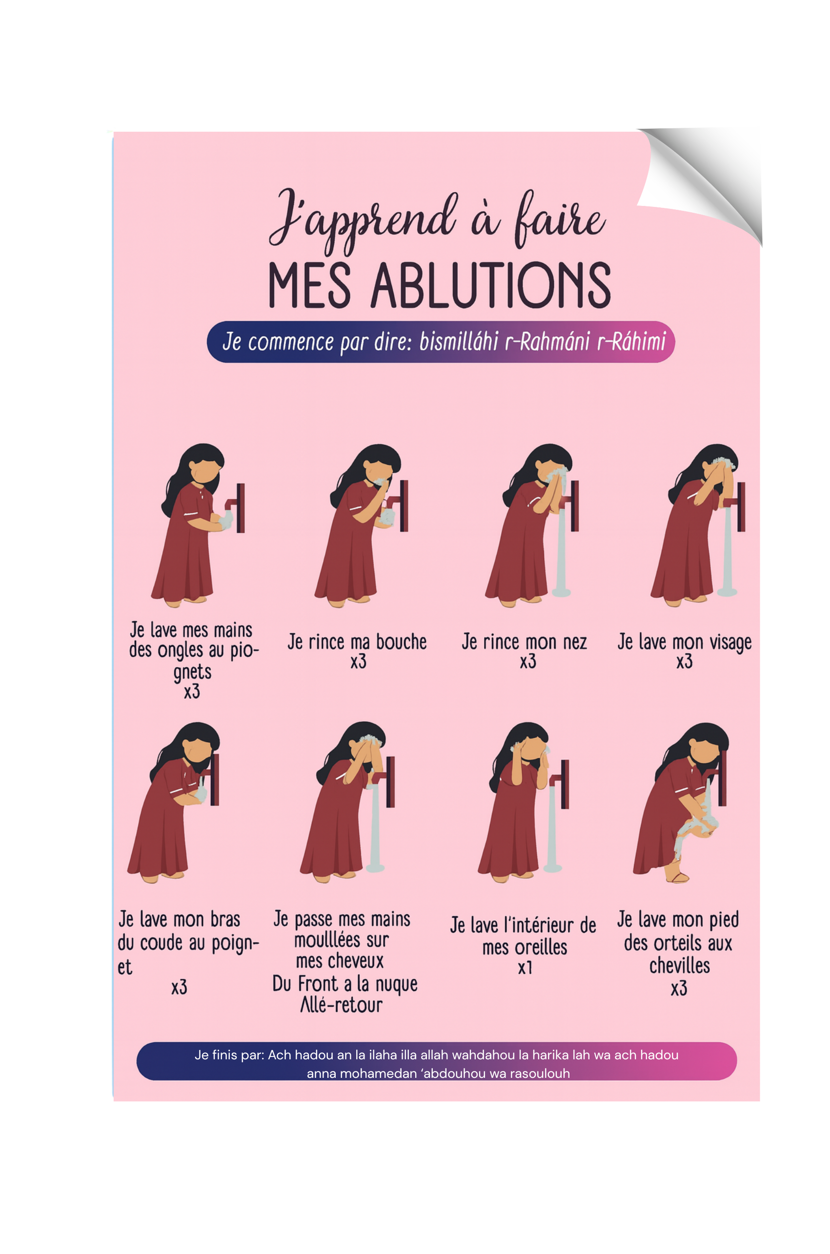 Grand stickers "J'apprends à faire mes ablutions" Rose