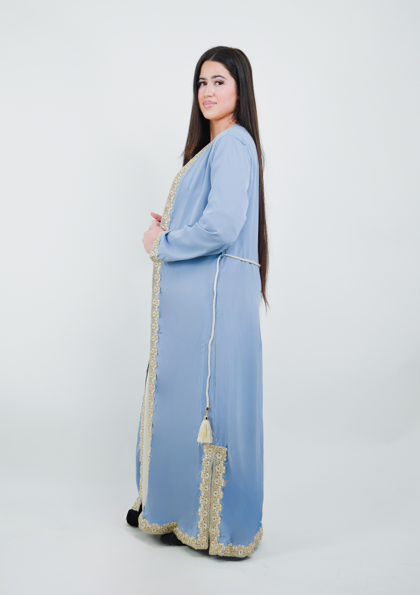 Kimono long style oriental avec ceinture pompom