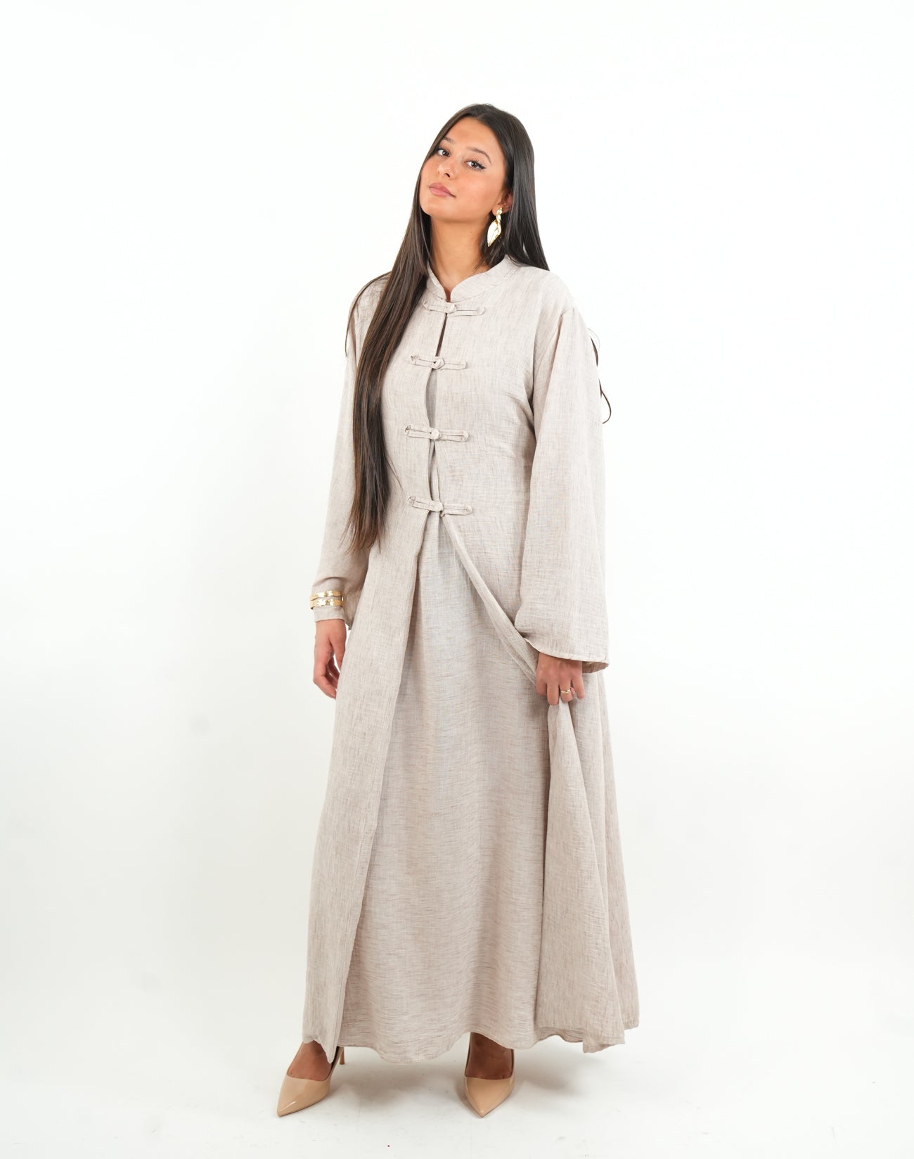 Ensemble Dalian – Robe sans manches & kimono long à boutonnière