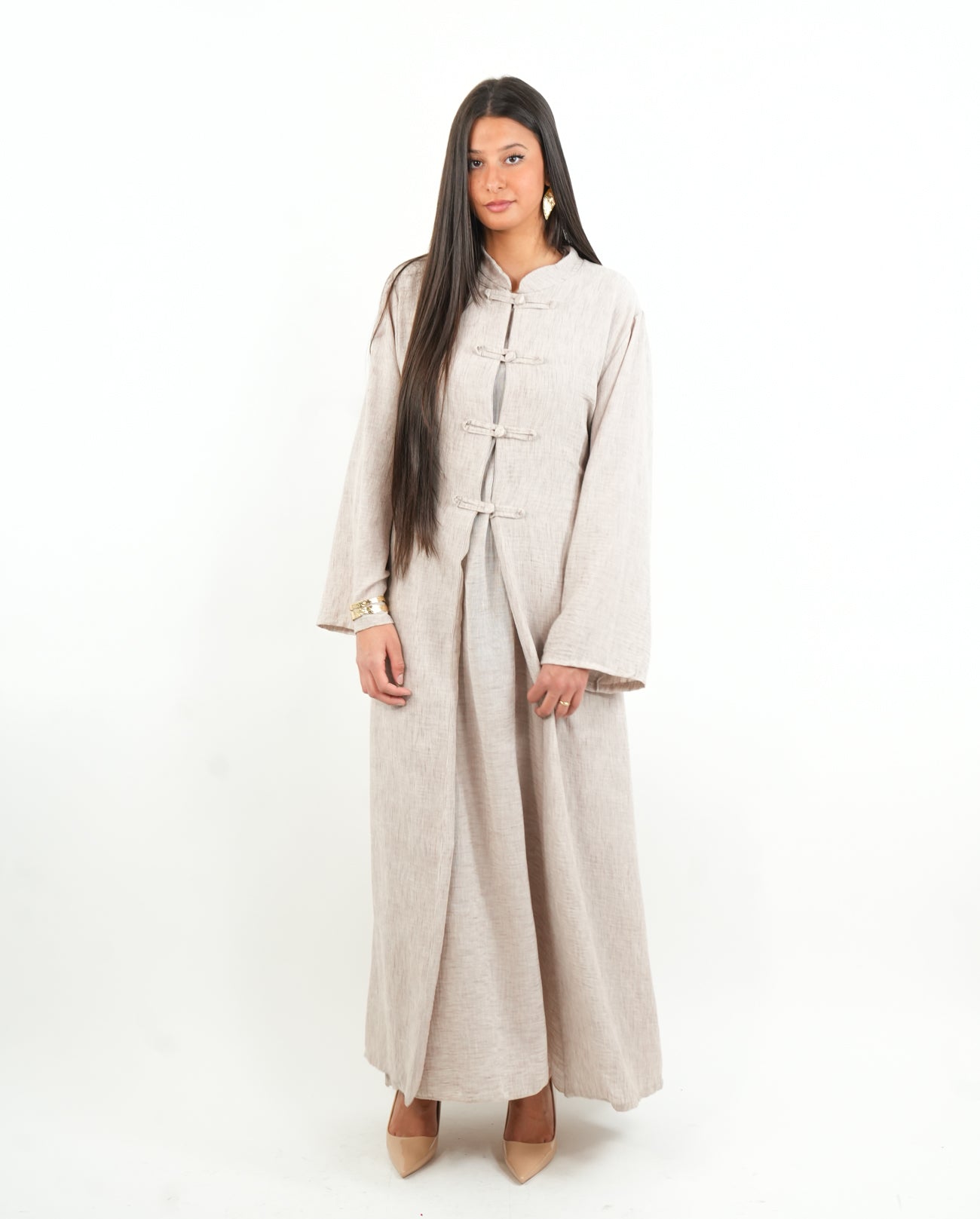 Ensemble Dalian – Robe sans manches & kimono long à boutonnière