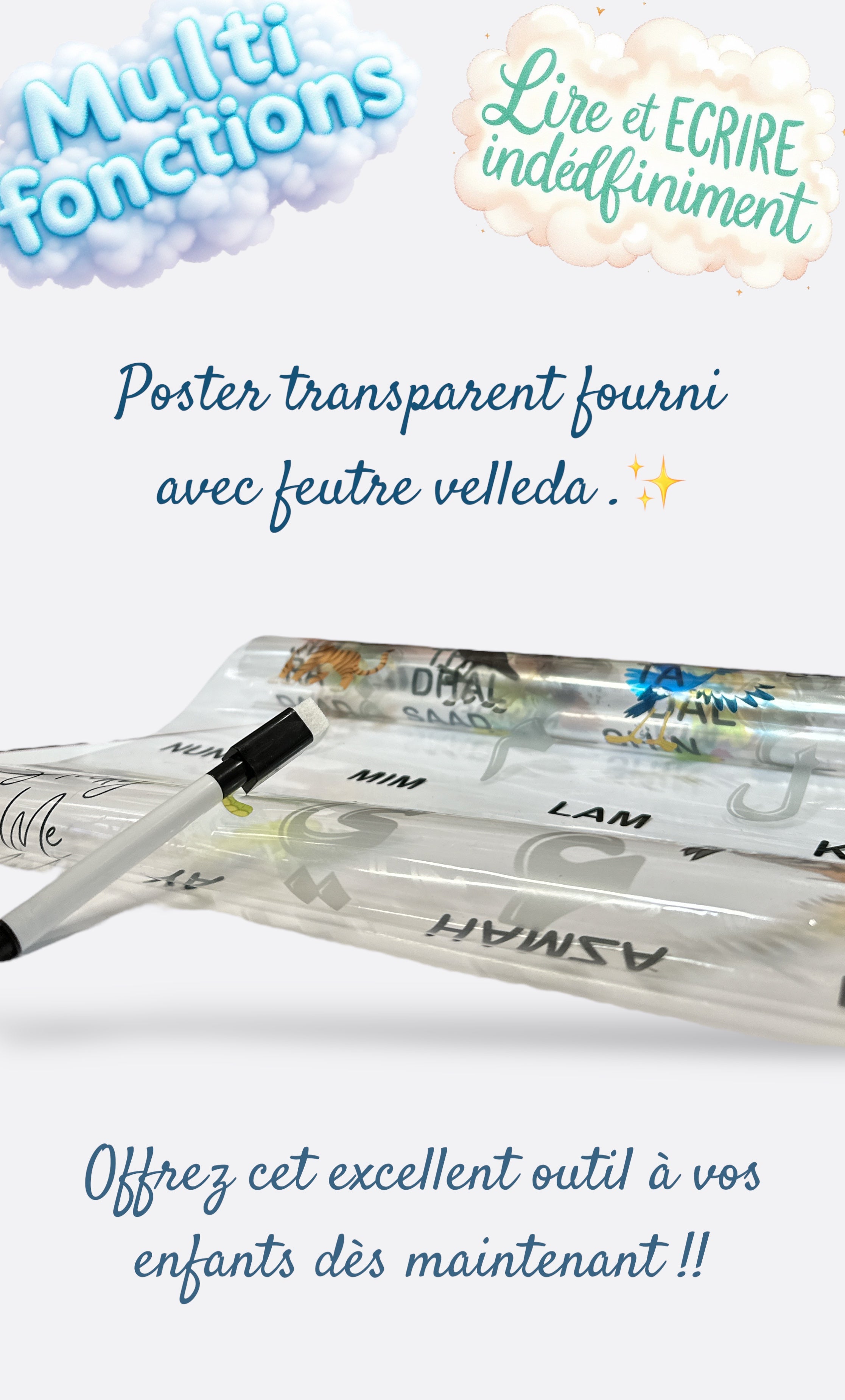 Grand Poster Transparent 85x50cm | Alphabet Arabe avec Phonétique - Marque Sticky Me