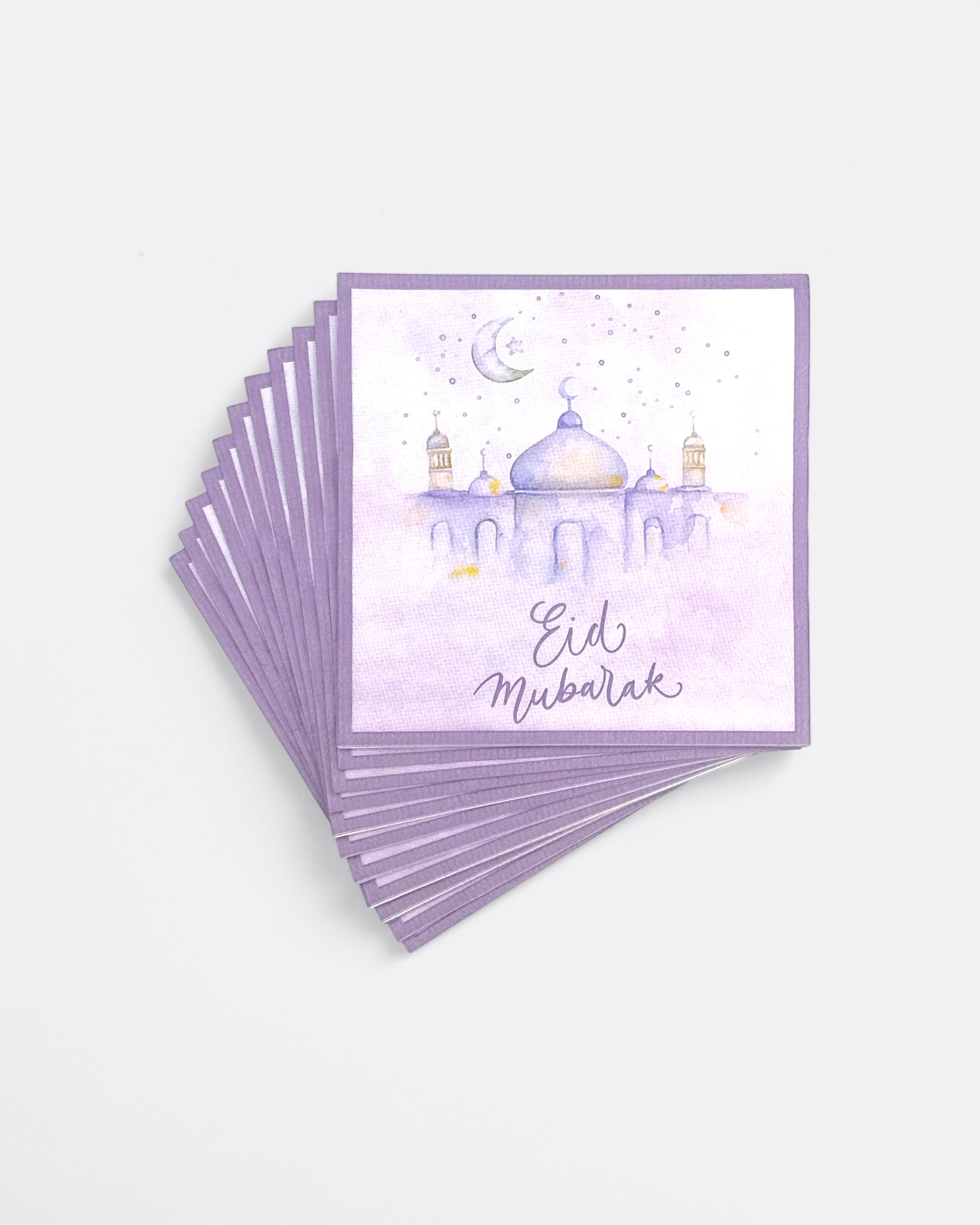 Lot de 12 serviettes Eid Mubarak - Mosquée Mauve – produit proposé sur Souk Dubaï