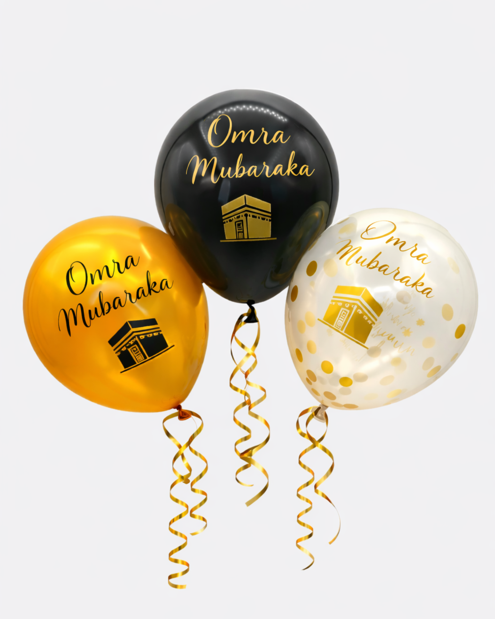 Ballons Omra Mubarak noir et or avec confettis - Décoration fête retour de pèlerinage Omra - Lot de 6 ballons latex