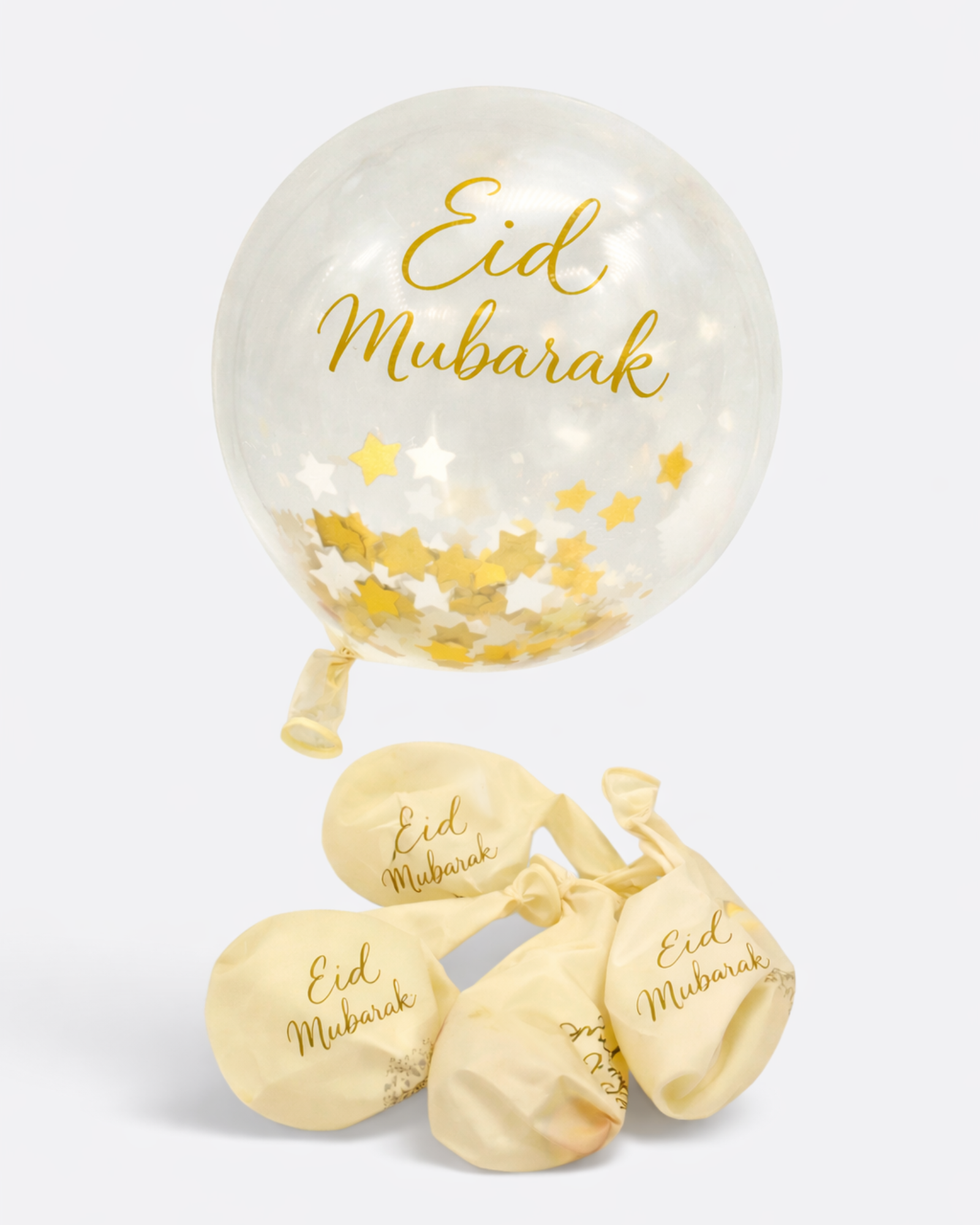 Ballon transparent Eid Mubarak avec confettis étoiles dorées et argentées - Décoration festive Aïd décoration fête - Lot de 5 ballons