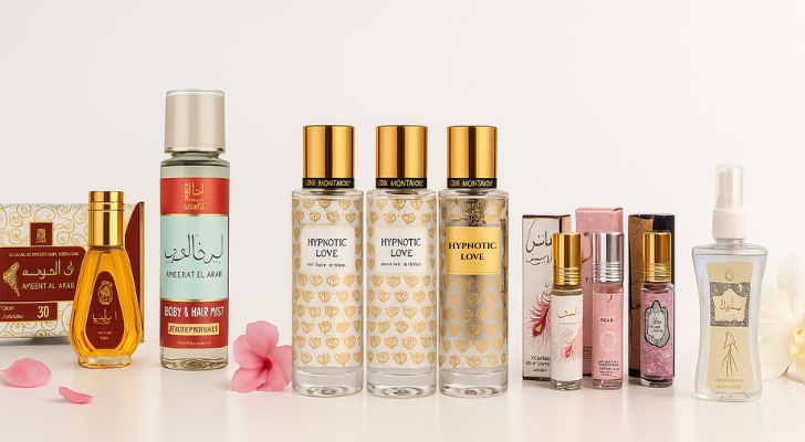 Brumes pour le corps et les cheveux, eaux de parfum, roll-on sans alcool, musc et lingettes parfumées.