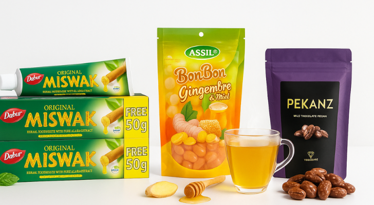 Tisanes naturelles, bonbons au gingembre, dentifrices Miswak, chocolats gourmands.