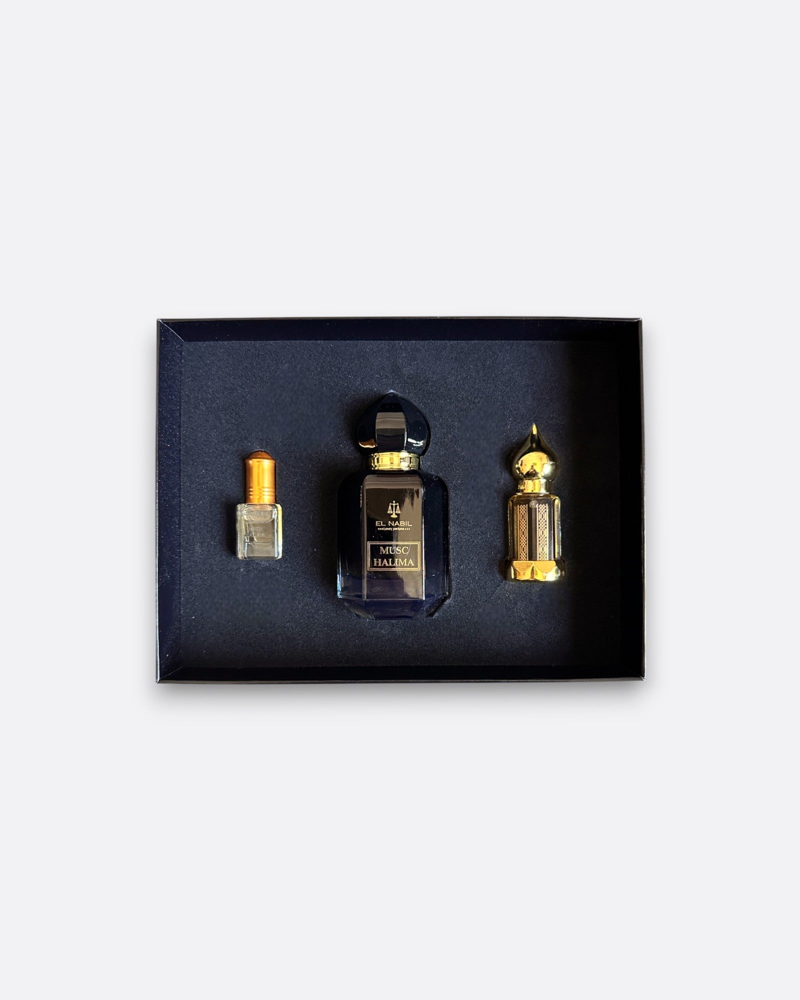 Coffret Prestige Musc Halima El Nabil : eau de parfum + huile parfumée concentrée + extrait de parfum roll on