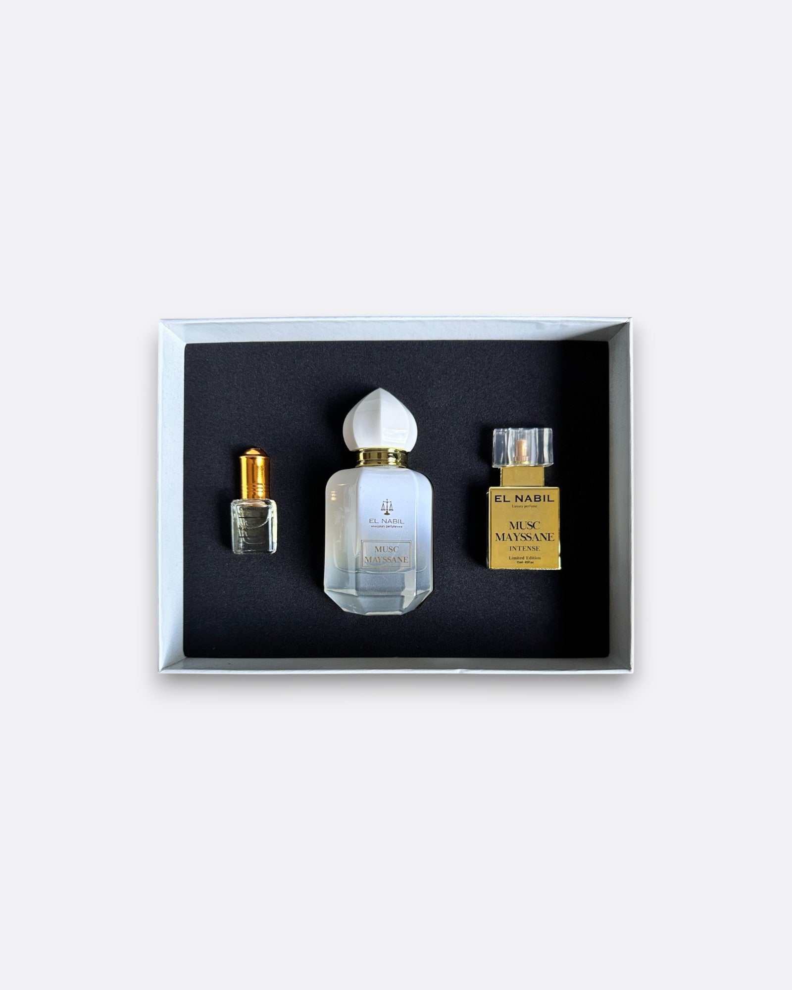 Coffret Intense Mayssane El Nabil : eau de parfum + spray intense + extrait de parfum roll on