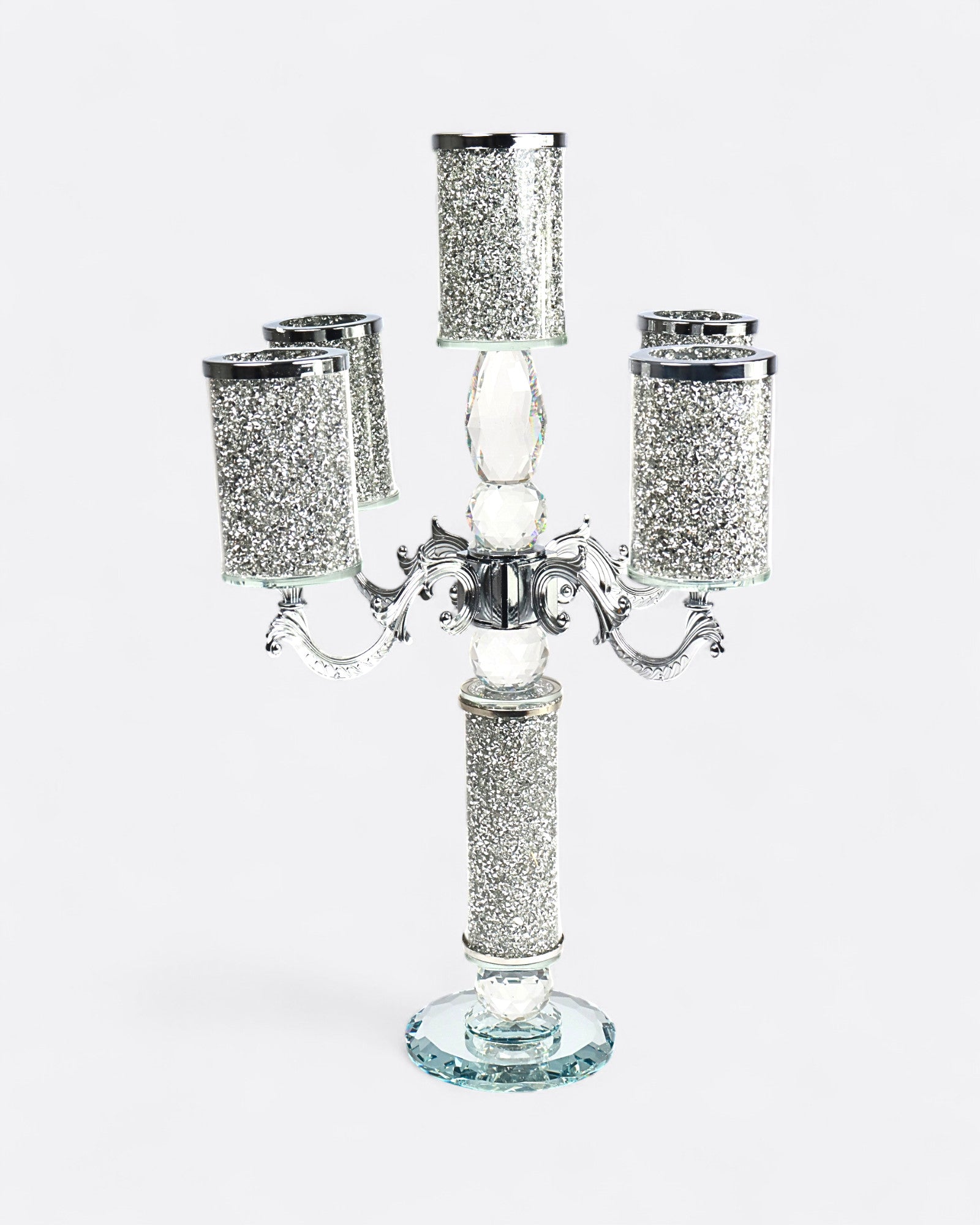 Bougeoir à pied argenté en verre et en métal