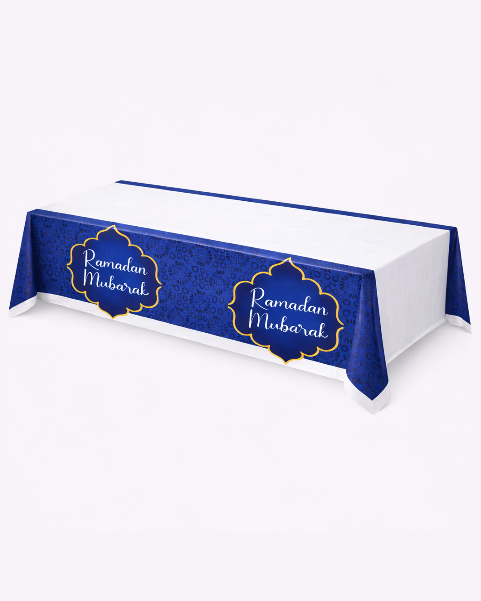 Nappe de table Ramadan Mubarak blanche et bleue 130x220cm - Décoration fête Ramadan et repas Iftar