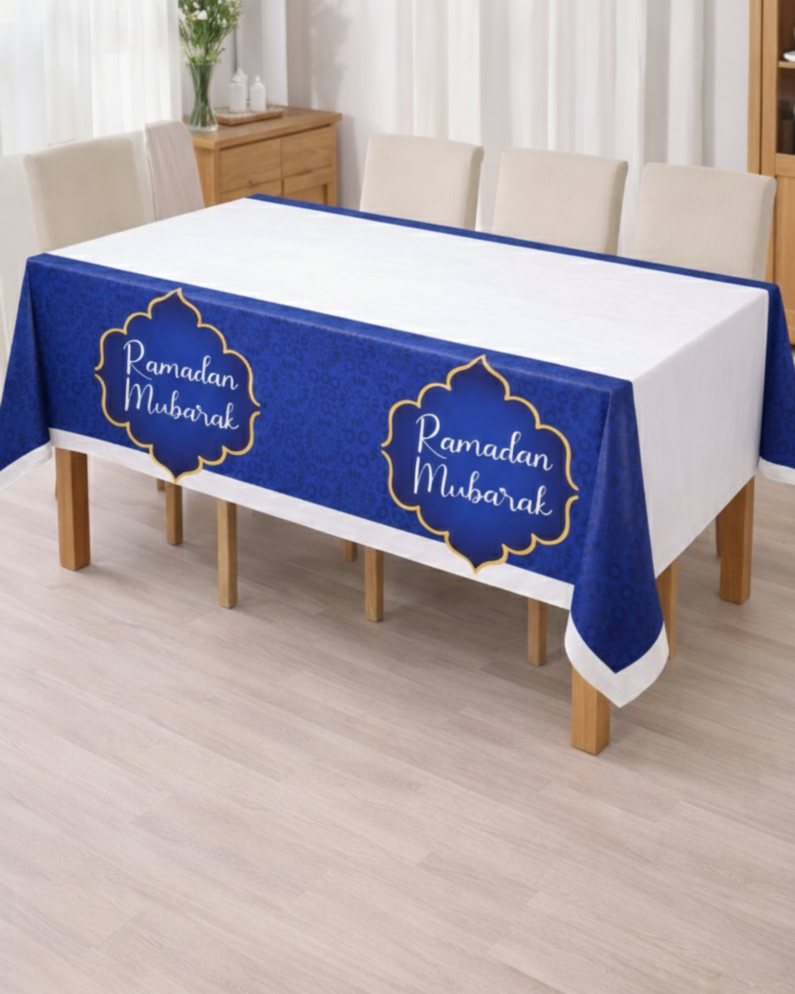 Nappe de table Ramadan Mubarak blanche et bleue 130x220cm - Décoration fête Ramadan et repas Iftar