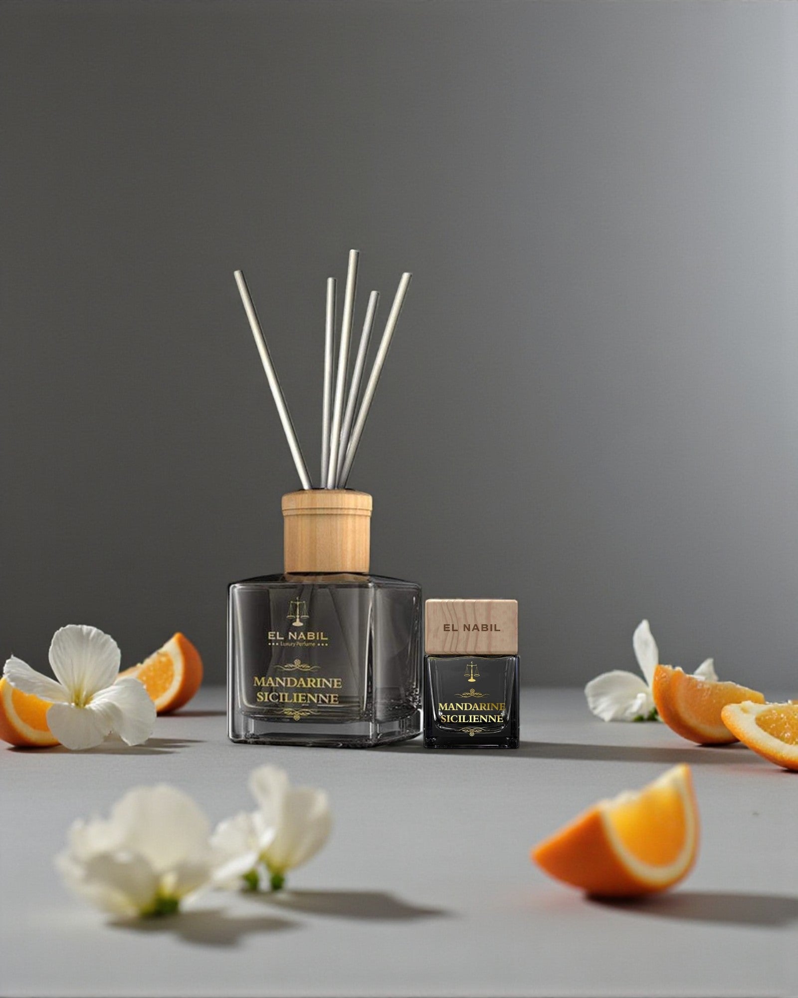 Pack El Nabil Mandarine Sicilienne – diffuseur en roseau 150 ml et dressing perfume 50 ml, tranches d’agrumes et fleurs blanches.