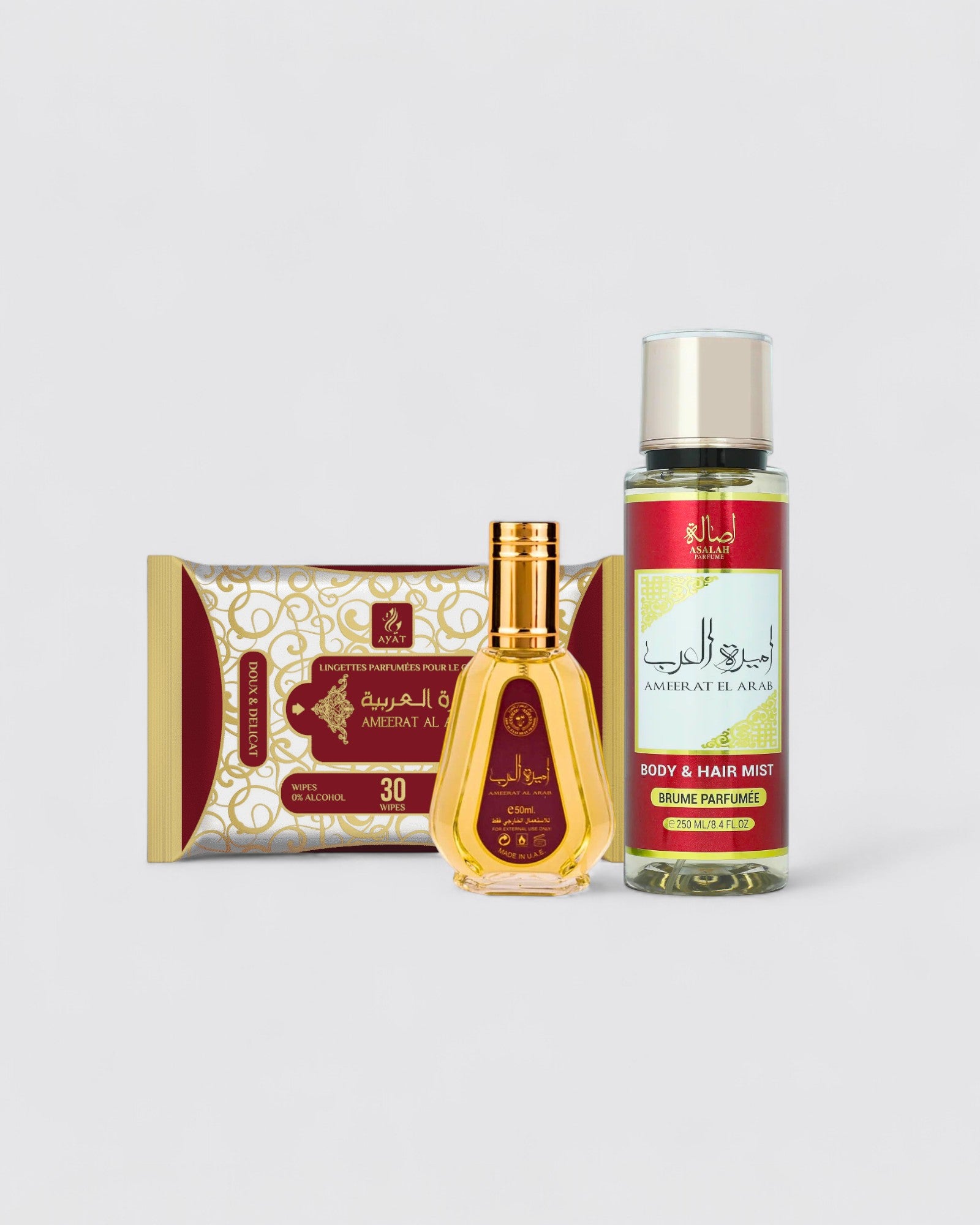 Pack Ameerat Al Arab : EDP 50 ml + Brume Corps & Cheveux 250 ml et 30 lingettes parfumées sans alcool. Floral-oriental lumineux (jasmin, fruits rouges, vanille, ambre, musc). 