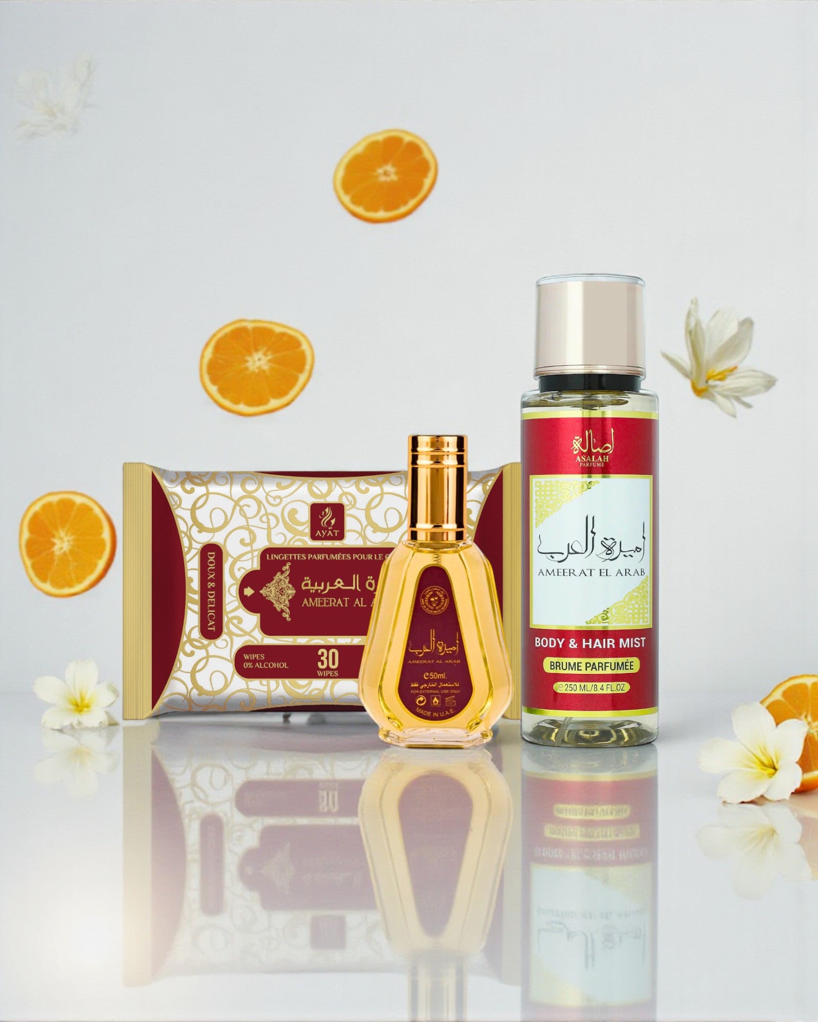 Pack Ameerat Al Arab : EDP 50 ml + Brume Corps & Cheveux 250 ml et lingettes parfumées sans alcool. Floral-oriental lumineux (jasmin, fruits rouges, vanille, ambre, musc). Parfait pour le layering : tenue + fraîcheur.
