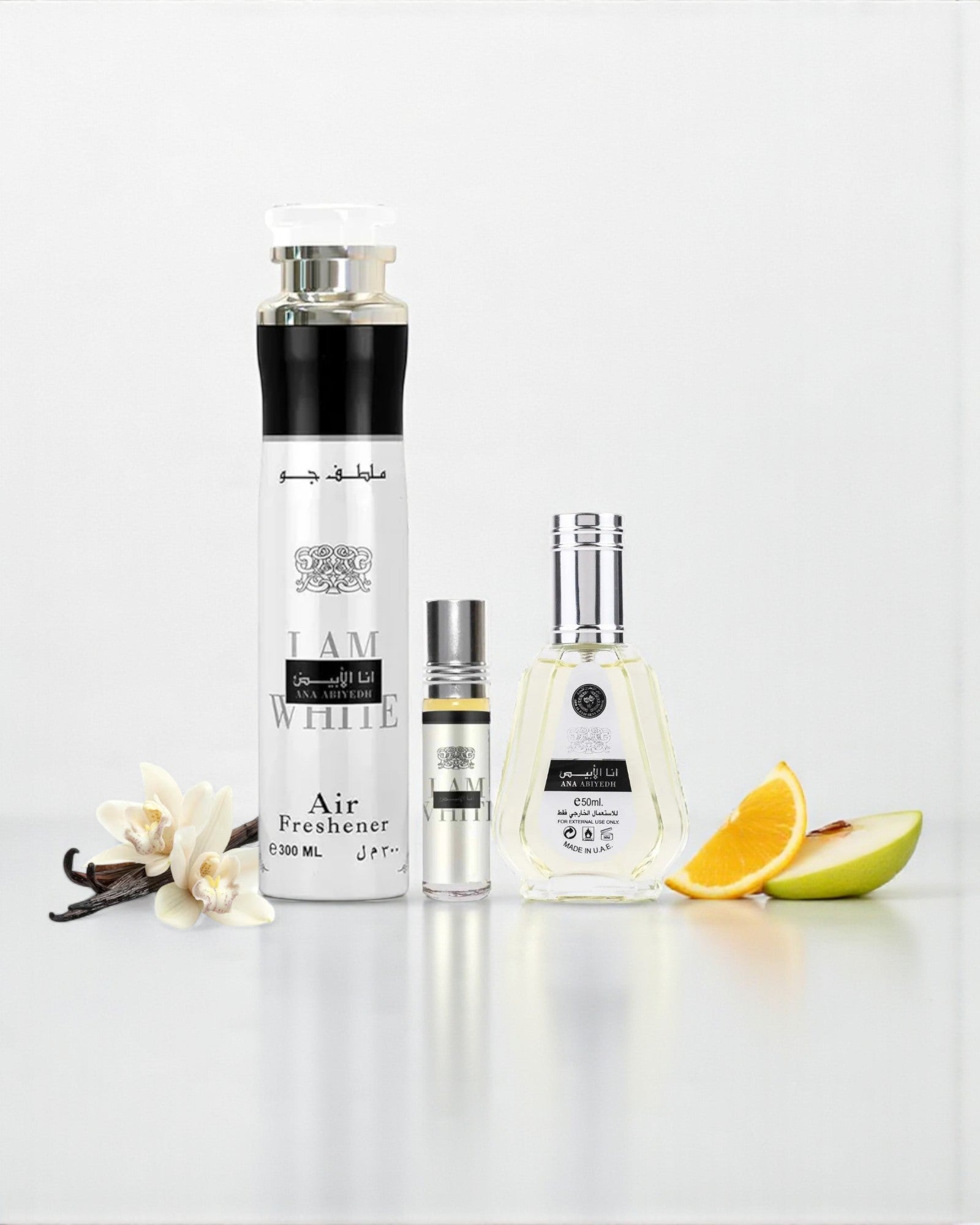Coffret I Am White / Ana Abiyedh – EDP 50 ml, roll-on 10 ml et air freshener 300 ml, style musc blanc propre et floral, Lattafa & Ard Al Zaafaran.