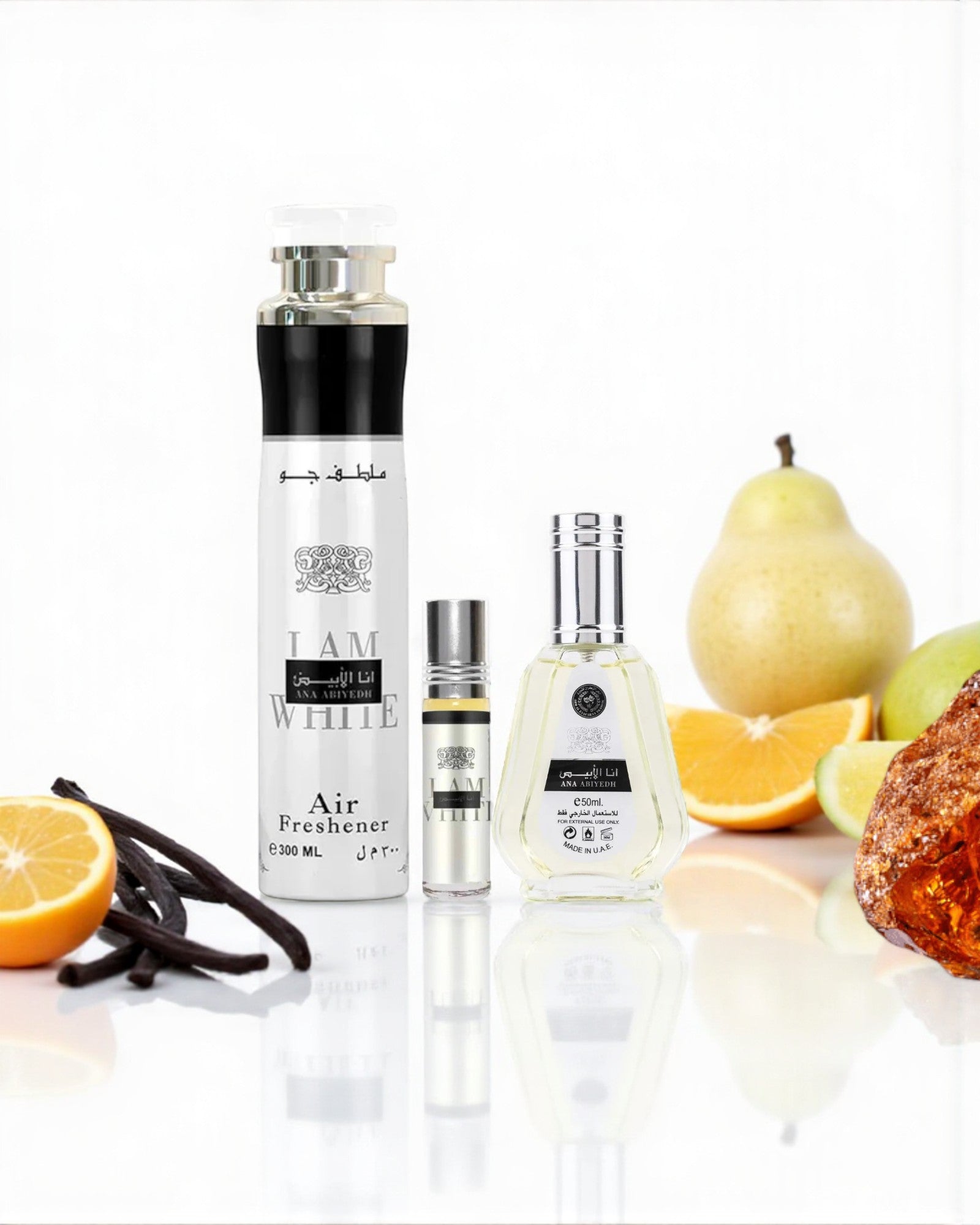 I Am White / Ana Abiyedh – EDP 50 ml, roll-on 10 ml et air freshener 300 ml, style musc blanc propre et floral, Lattafa & Ard Al Zaafaran.