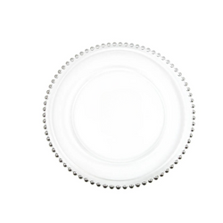 image d'un plateau rond transparent avec contour perles argentées