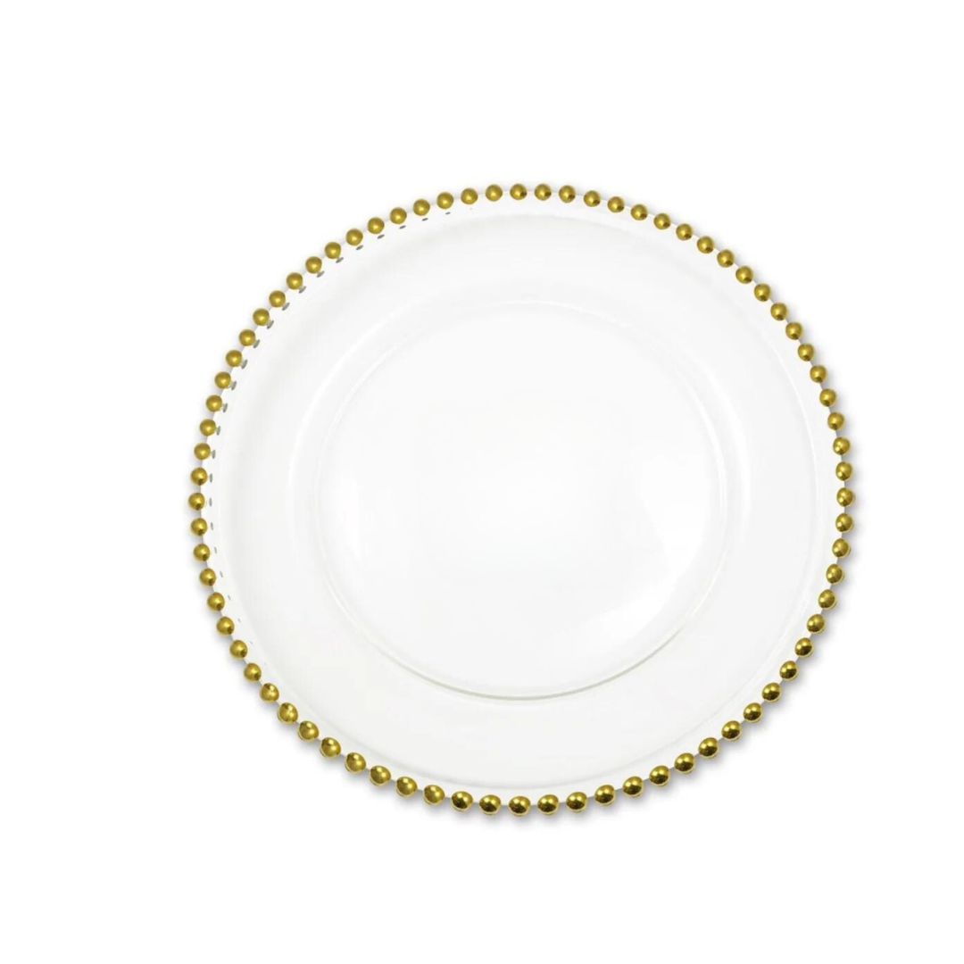 image d'un plateau rond transparent avec contour perles dorées