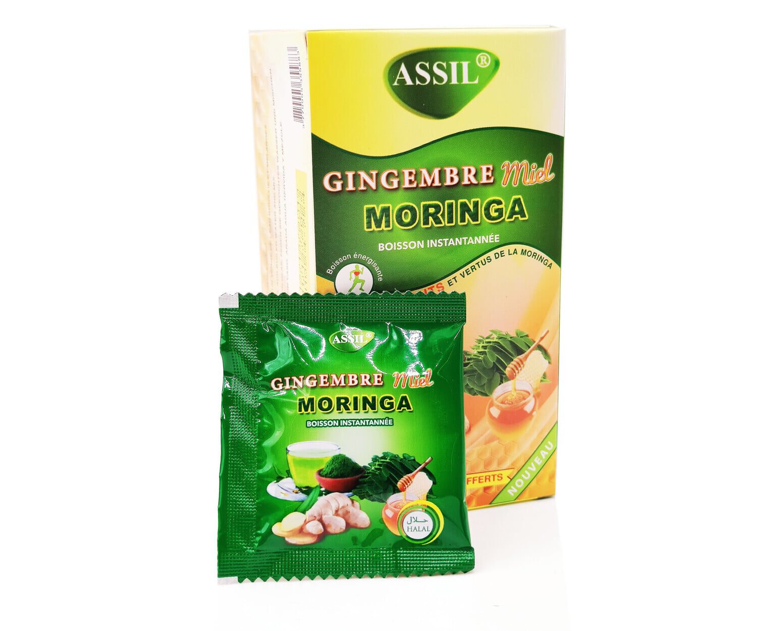 Tisane instantanée au gingembre, miel et moringa, infusion naturelle en poudre.