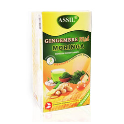 Tisane instantanée au gingembre, miel et moringa, infusion naturelle en poudre.