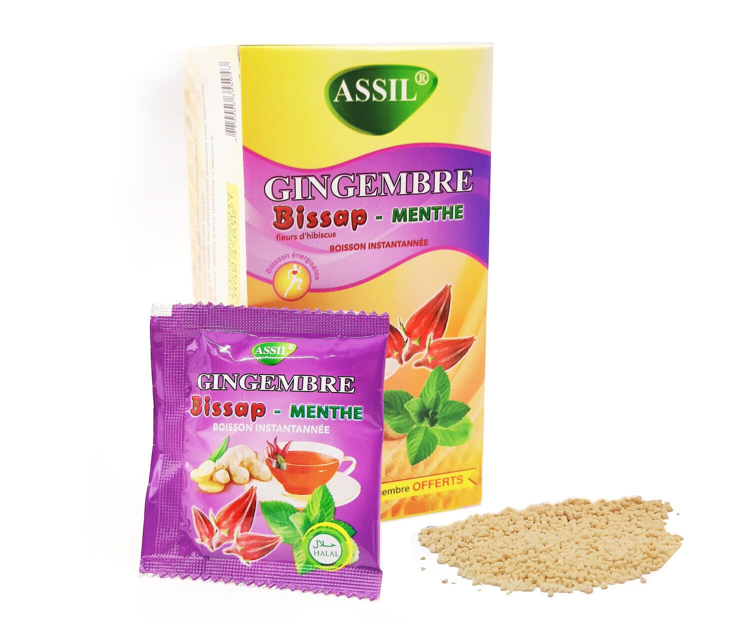 Tisane instantanée au miel, gingembre et citron en poudre pour une boisson revigorante.