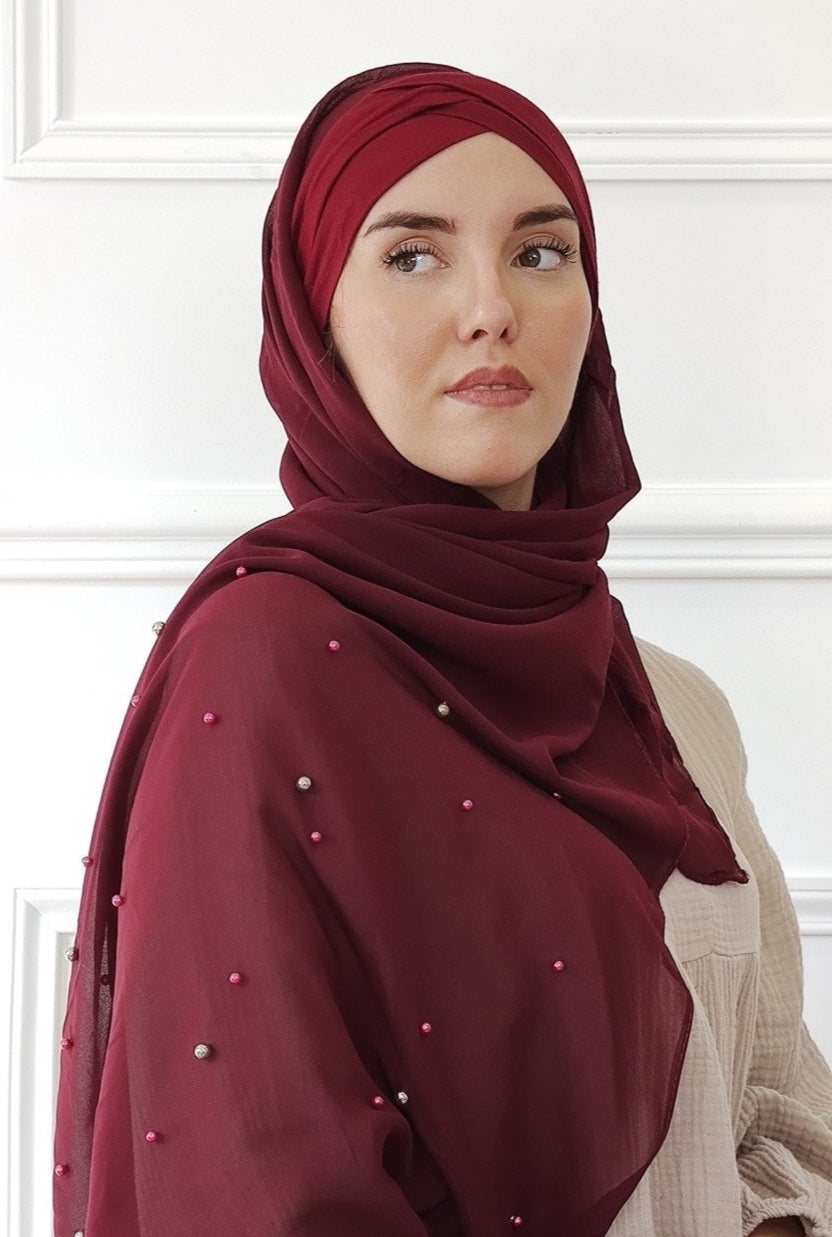 Hijab mousseline à perle avec bonnet intégré – coupe fluide et matière agréable à porter