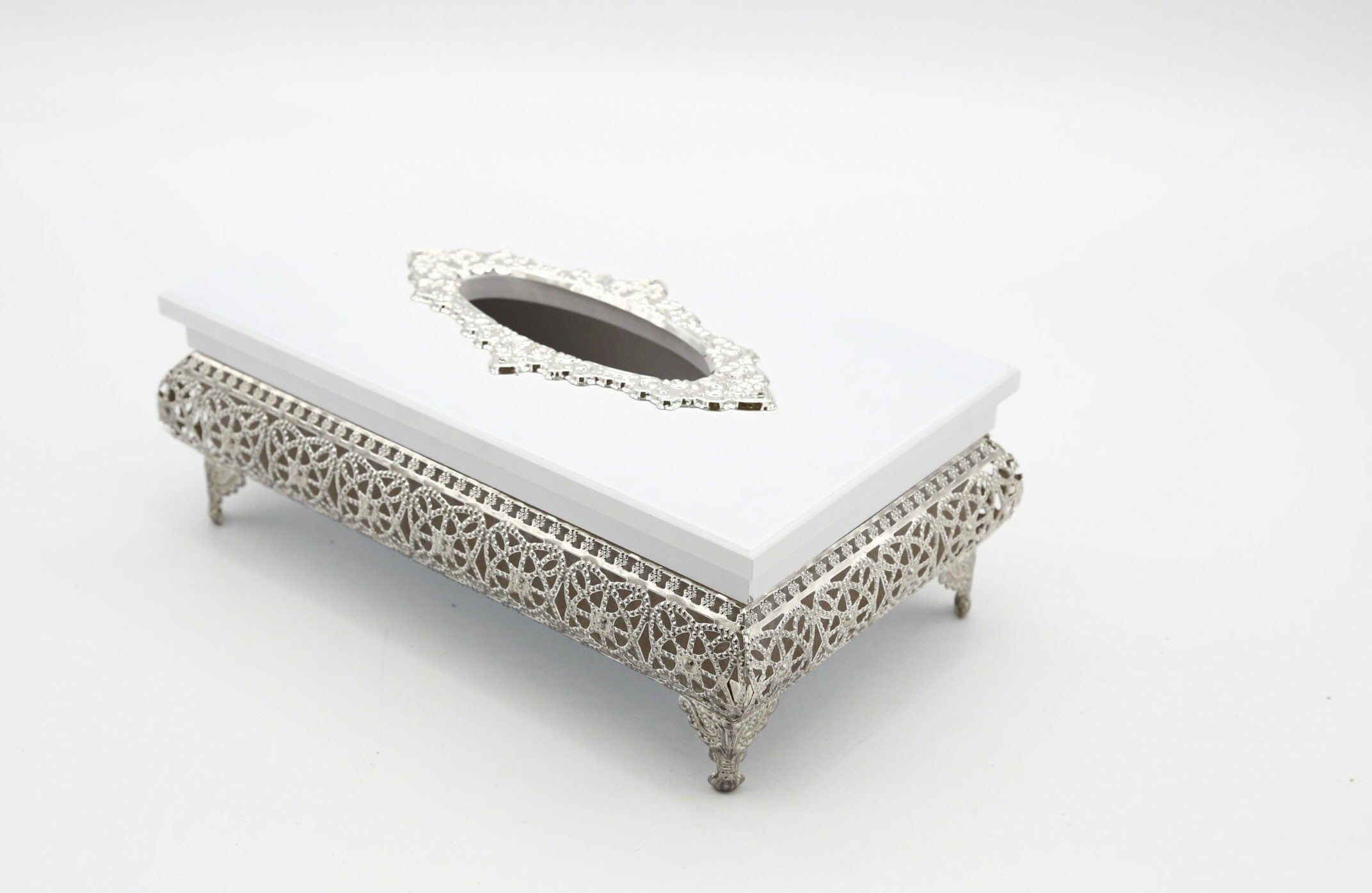 Boîte à mouchoirs avec pied - blanche & argentée